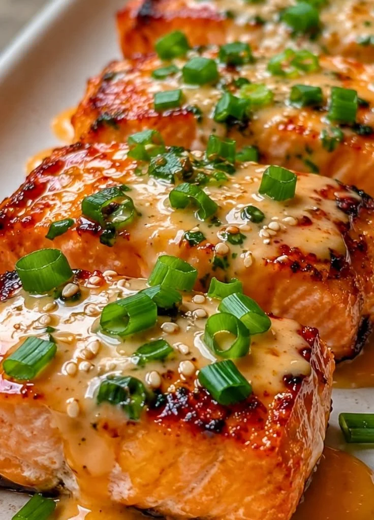 Delicious Baked Bang Bang Salmon garnished with herbs and served on a plate