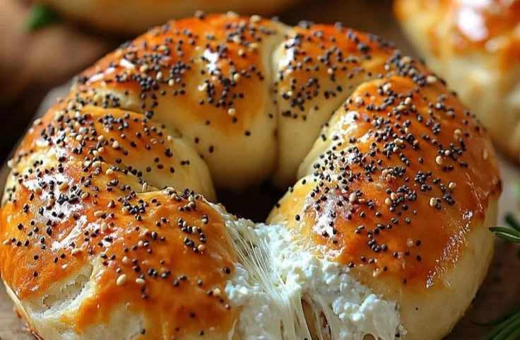 Three homemade cottage cheese bagels on a wooden table.