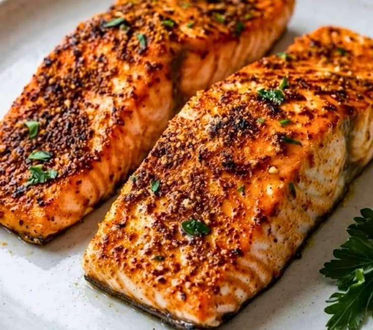 Delicious air fryer salmon served with herbs and lemon.