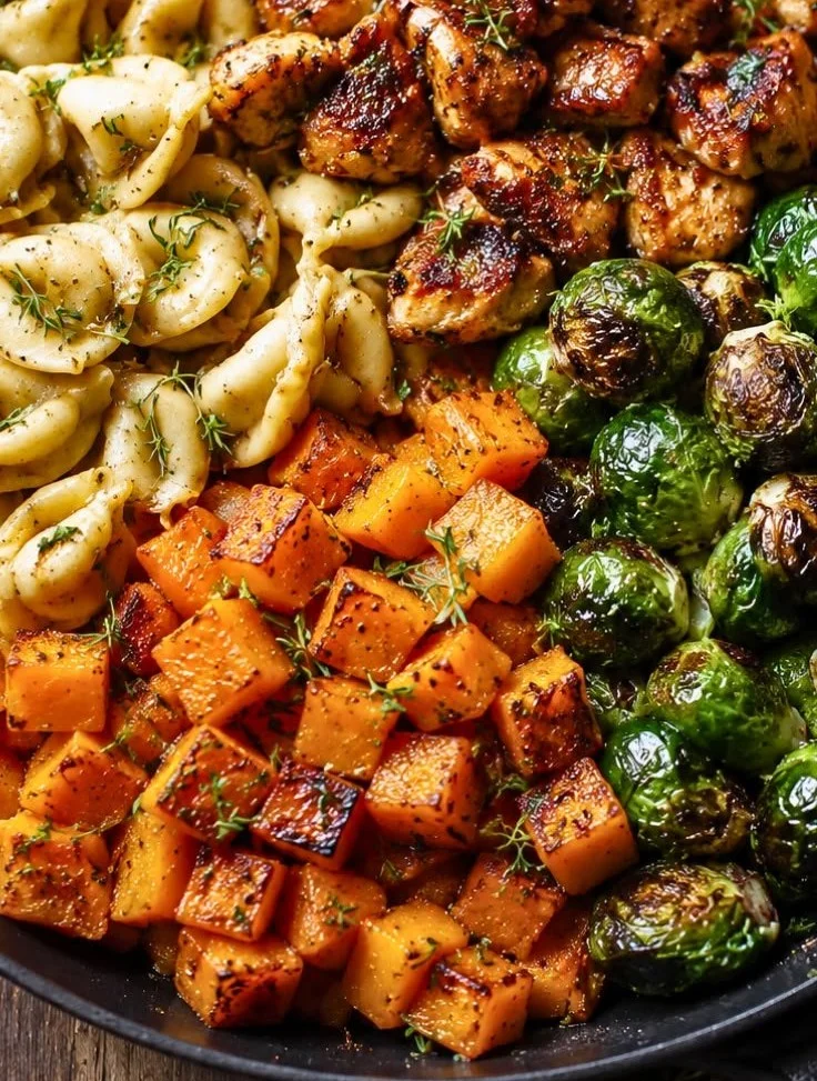 Autumn chicken dinner with roasted vegetables on a rustic table