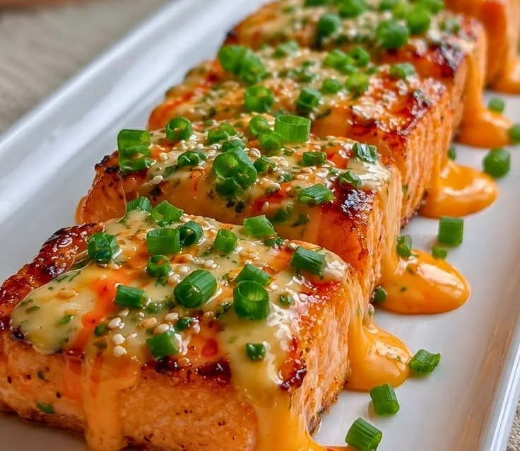 Baked Bang Bang Salmon served on a plate with garnish