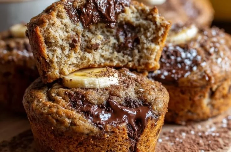 Banana-Chocolate Protein Muffins on a rustic plate, perfect for a healthy breakfast.