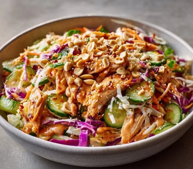 Bang Bang Chicken Salad with fresh veggies and spicy sauce