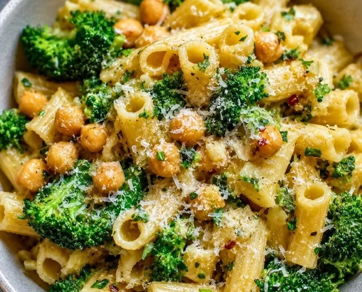 Bowl of Broccoli Chickpea Pasta drizzled with Garlic Olive Oil