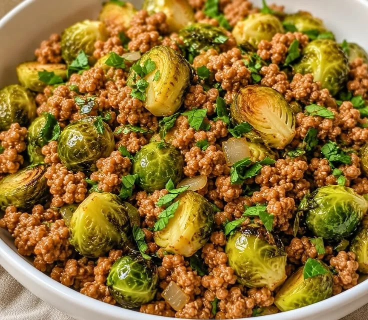 Brussels sprouts ground turkey skillet served in a cozy one-pan dinner