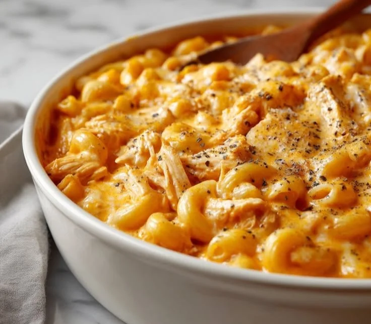 Creamy Buffalo Chicken Mac and Cheese topped with spicy chicken and cheese