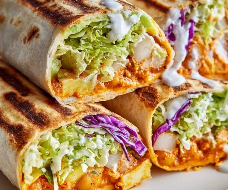 Delicious Buffalo Chickpea Salad Wraps filled with fresh veggies and creamy dressing.