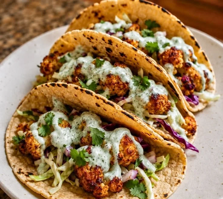 Delicious cauliflower tacos served with cilantro lime crema on top.