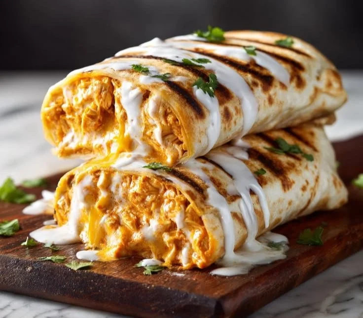 Cheesy Buffalo Chicken Burritos filled with creamy cheese and spicy chicken