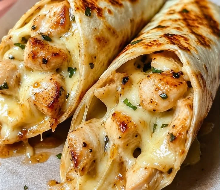 Cheesy garlic chicken wraps filled with tender chicken and melted cheese, served on a plate.