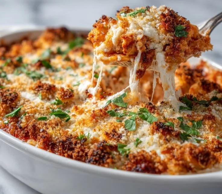 Cheesy high-protein chicken parmesan casserole baked to perfection