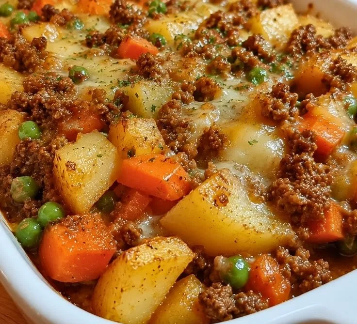 Delicious Cheesy Hobo Casserole topped with melted cheese and savory ingredients