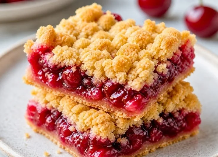 Delicious cherry crumble bars with a golden crumble topping on a rustic background.