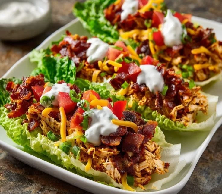 Chicken Bacon Ranch Lettuce Boats with chicken, bacon, and ranch dressing served in lettuce leaves.
