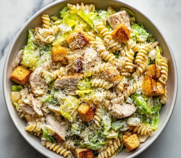 Delicious Chicken Caesar Pasta Salad with grilled chicken and romaine lettuce