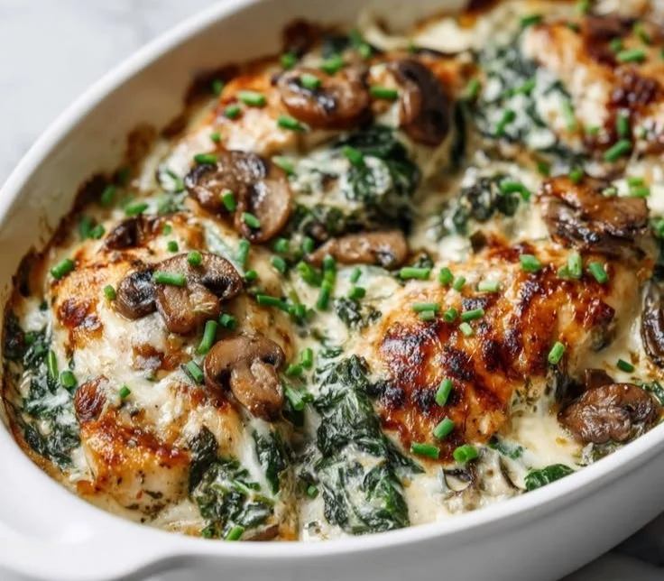 Delicious chicken spinach bake served in a cozy dish for weeknight dinners