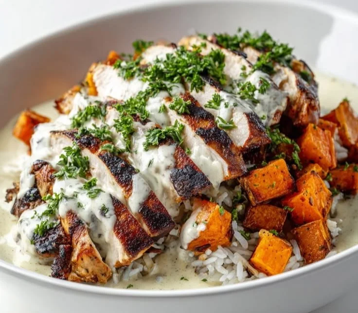 A vibrant Chicken Sweet Potato Bowl topped with fresh ingredients.
