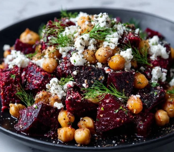 Colorful Chickpea Beet Feta Salad served in a bowl with fresh ingredients