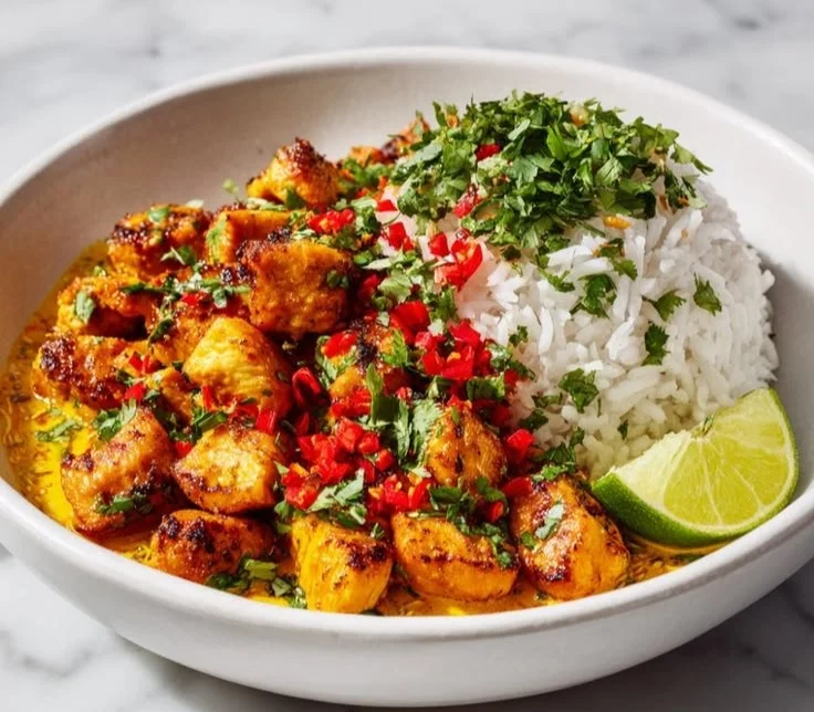 Delicious Coconut Chicken Rice Bowl with tender chicken and coconut-infused rice