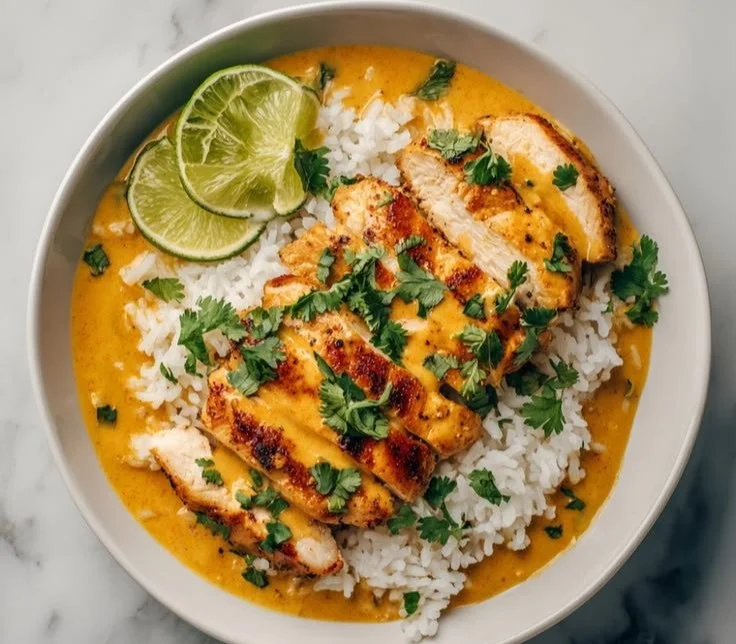Coconut Chicken Rice Bowl with creamy coconut sauce and crispy chicken on rice