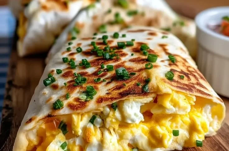 Cottage cheese breakfast burritos filled with fresh veggies and wrapped in a tortilla