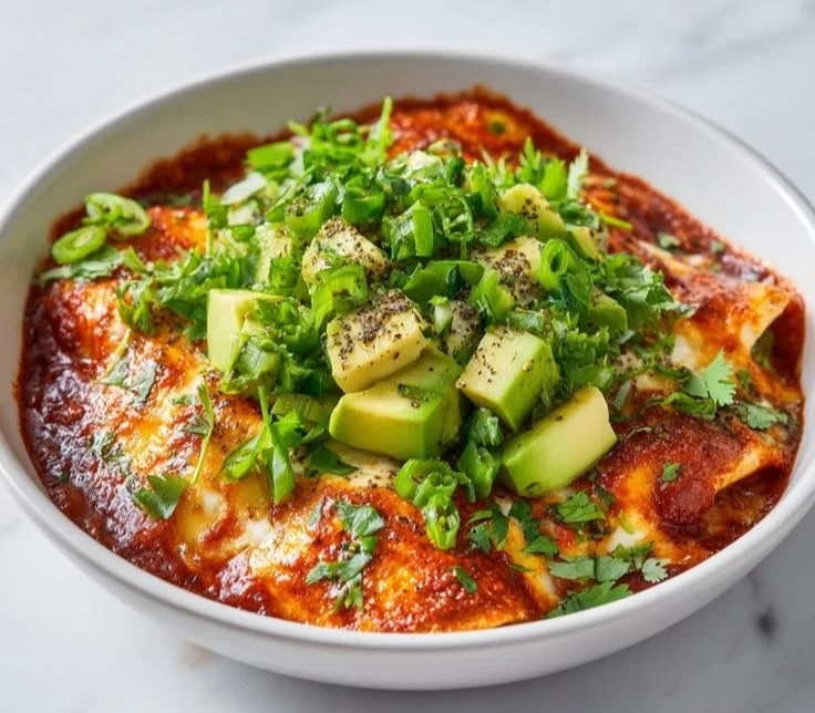 Delicious cottage cheese enchilada bowl topped with colorful ingredients
