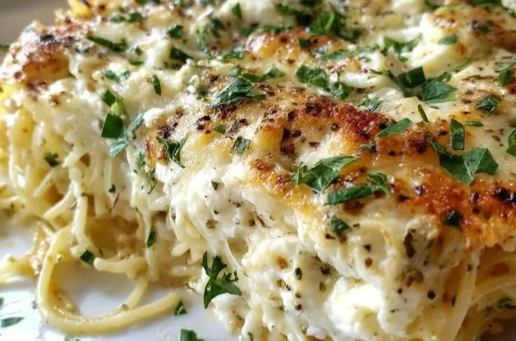 Creamy cottage cheese pasta bake topped with herbs and cheese