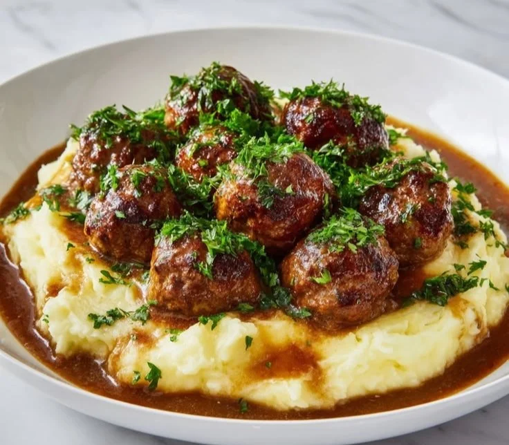 Cozy hearty meatballs served with garlic herb mashed potatoes for comfort food.