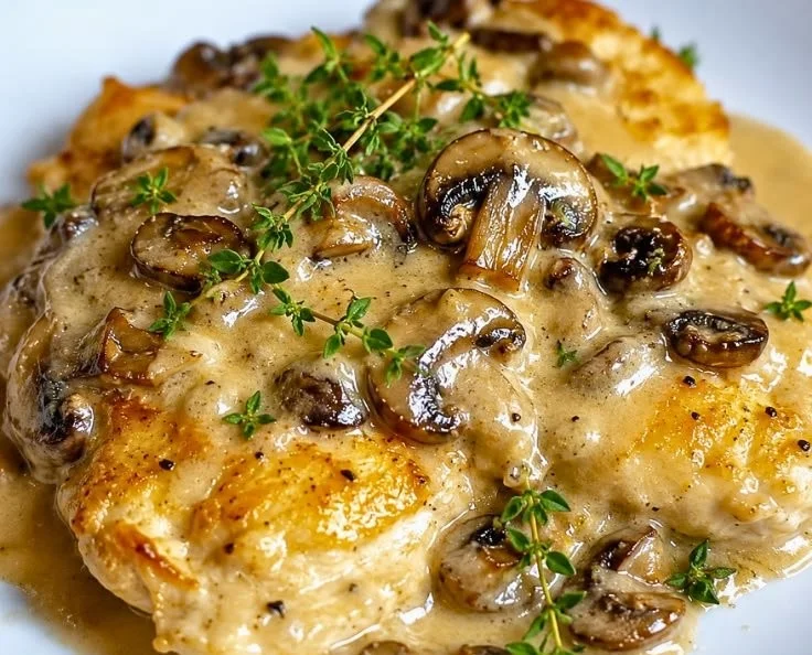 Creamy Asiago Mushroom Chicken served in a skillet, showcasing mushrooms and cheese.