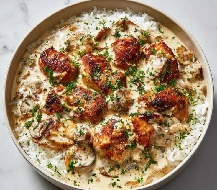 Creamy Chicken with Rice in a bowl, a comforting one-pot dinner recipe
