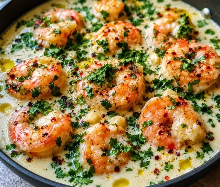 Dish of creamy coconut garlic shrimp garnished with herbs on a plate