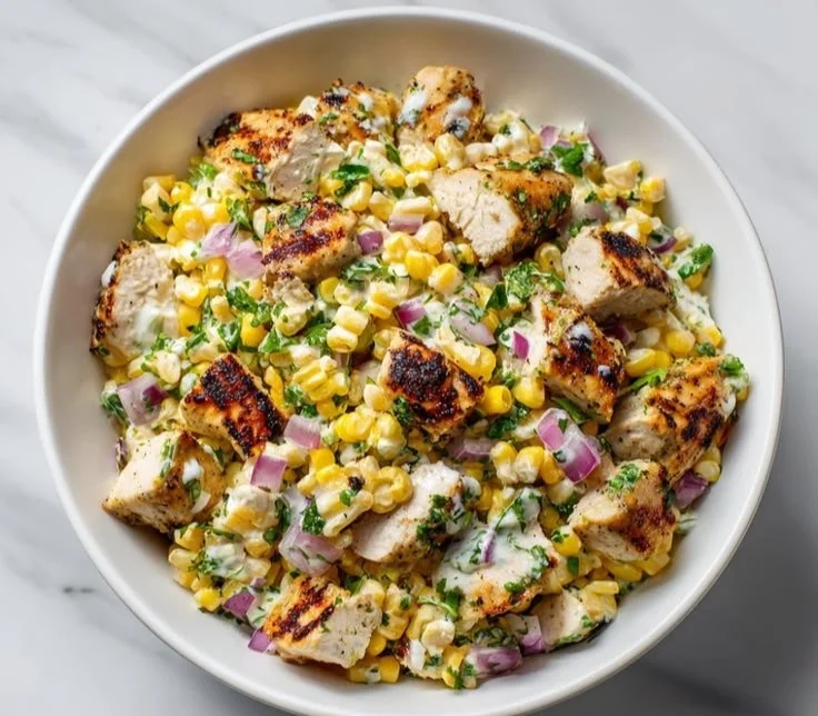 Creamy high-protein chicken street corn salad in a colorful bowl