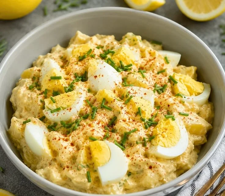 Creamy high-protein egg salad served in a bowl with fresh herbs