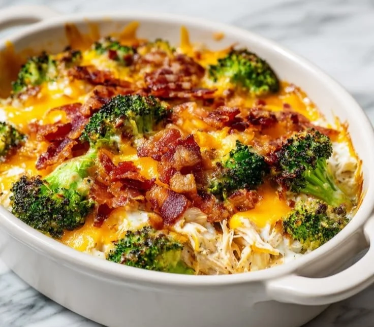 Creamy low-carb chicken casserole dish garnished with herbs