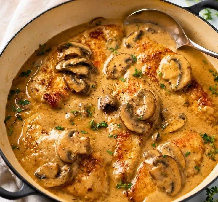 Creamy mushroom chicken served on a plate garnished with herbs.