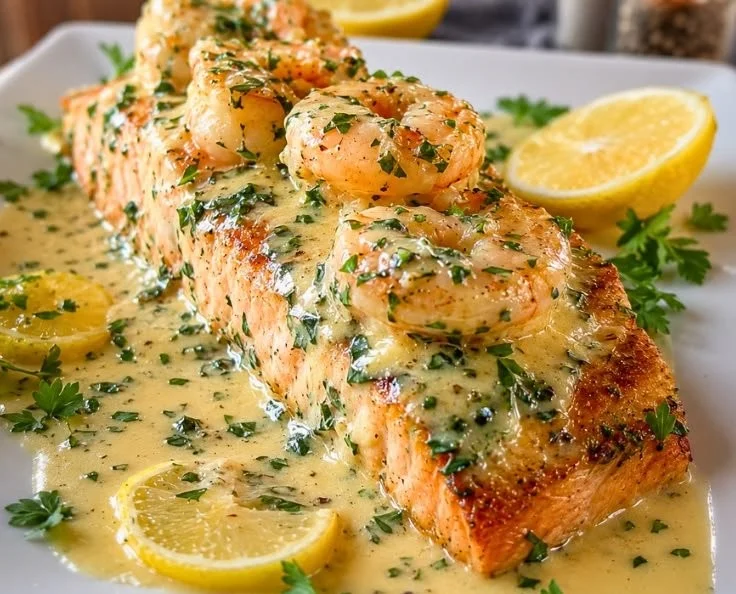 Creamy Tuscan shrimp-stuffed salmon garnished with herbs