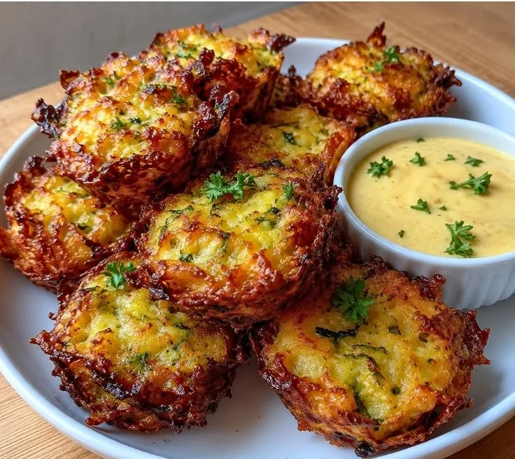 Crispy cheesy baked zucchini tots served on a wooden platter with dipping sauce.
