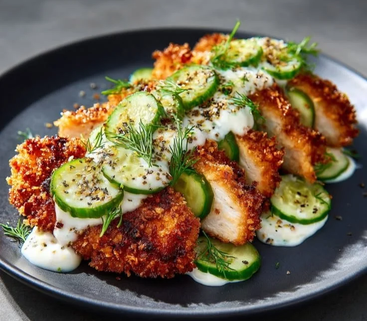 Plate of Crispy Dill Pickle Parmesan Chicken with herbs