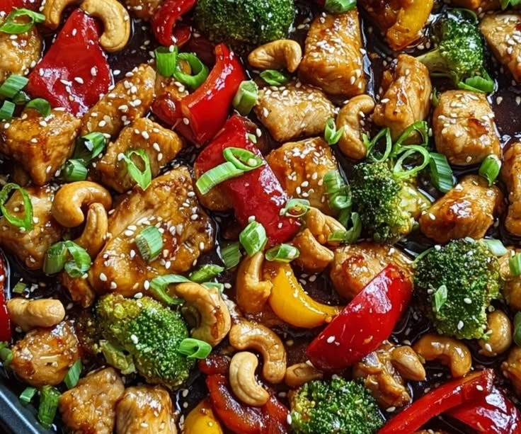 Crispy Sheet Pan Cashew Chicken served with vegetables on a baking tray