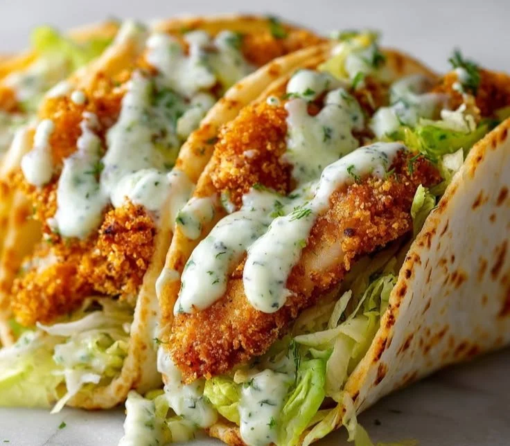 Dill Pickle Ranch Smash Chicken Tacos served with vibrant toppings and a crunchy texture.