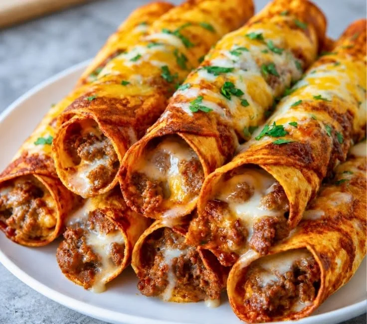 Easy cheesy beef taquitos ready for a quick family dinner on a plate.