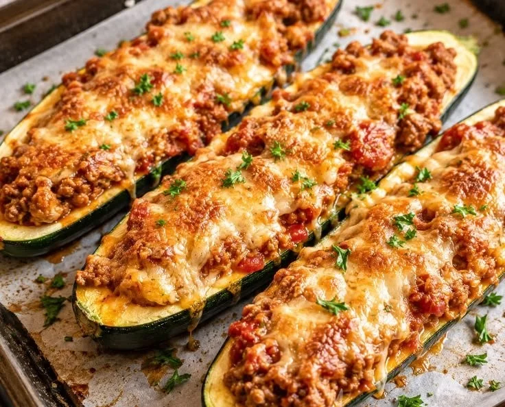 Delicious easy ground beef zucchini boats topped with cheese and fresh herbs