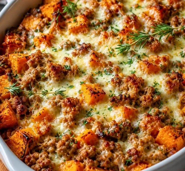 Delicious Easy Ground Turkey Sweet Potato Bake served in a dish