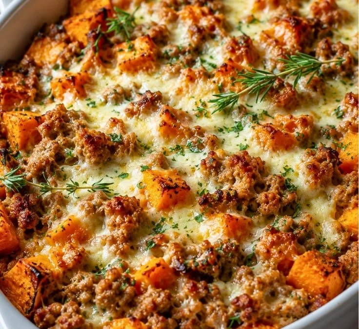 Baked ground turkey with sweet potatoes in a healthy dinner dish