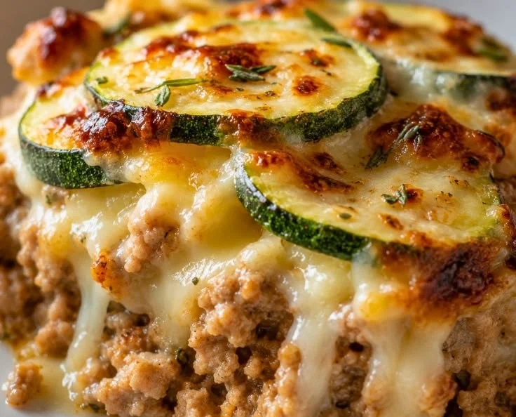 Easy low carb ground turkey zucchini casserole ready to serve