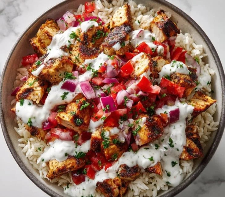 Delicious Mediterranean Chicken Gyro Bowl with fresh vegetables and sauces