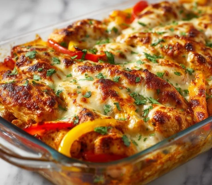 Delicious fajita chicken casserole bake topped with cheese and colorful peppers
