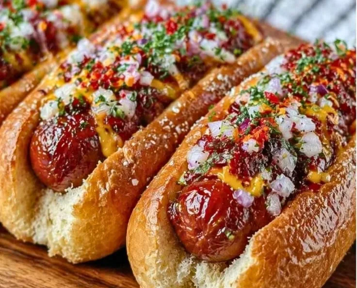 Firecracker Hot Dogs with spicy toppings on a grill