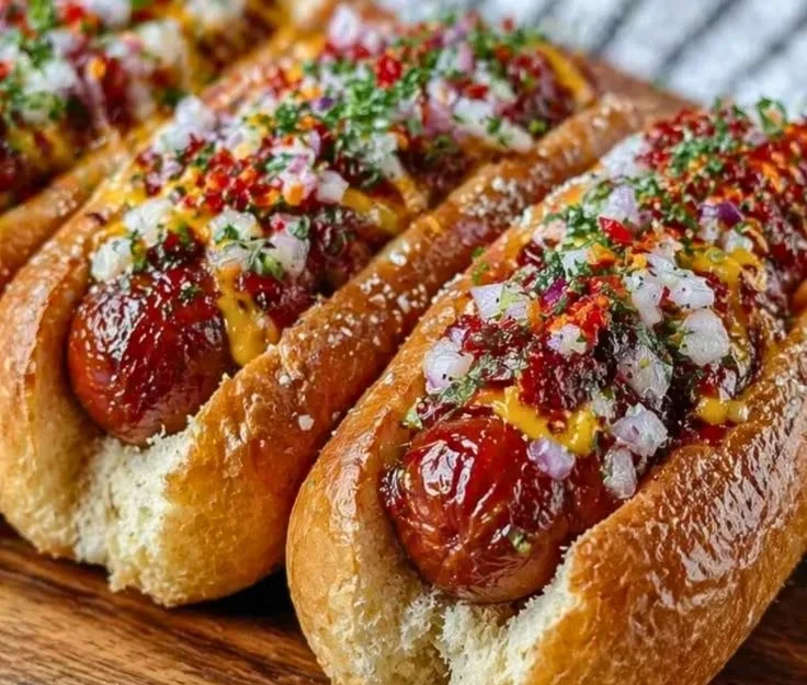 Plate of Firecracker Hot Dogs garnished with spices and toppings