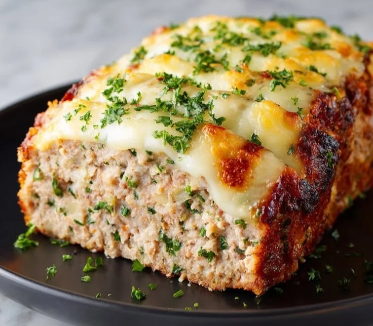 Delicious garlic parmesan chicken meatloaf served with a side of vegetables.
